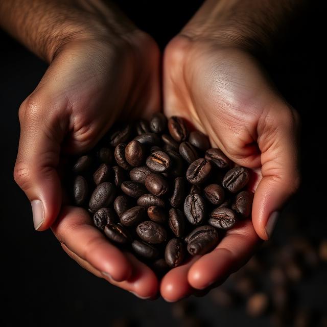 Granos de café tostado en manos
